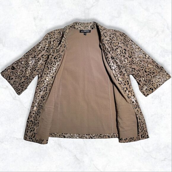 LINEAR Leopard Print Metallic Gold Crop Sleeve Open Front Stylish Jacket - Picture 3 of 8